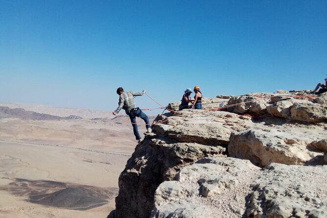 Rappelling Down the Ramon Crater Cliff - The view over Ramon Crater and the Jordanian highlands